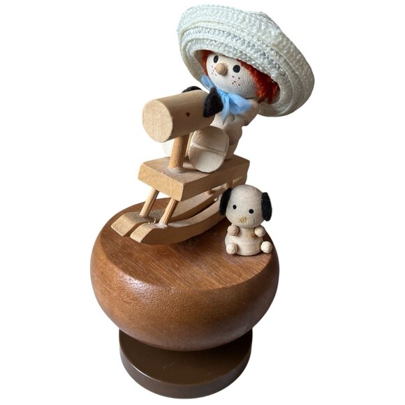 Vintage Wood Music Box Girl Rocking Horse Puppy Figure Wind Up 7 x 4" Works READ - Picture 2 of 5